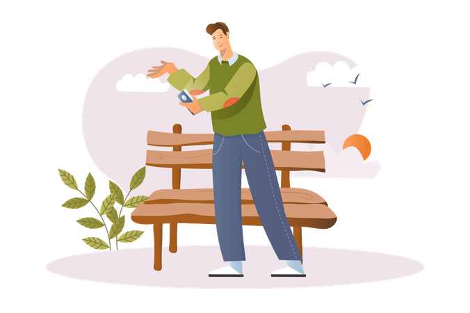 Man decided to sit on bench in garden  Illustration