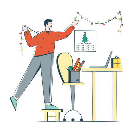 Man Decorates His Workplace For Christmas Illustration
