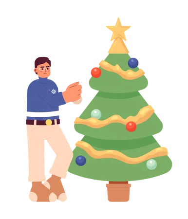Eyeglasses Asian Man Decorating Christmas Tree 2 D Cartoon Character Japanese Guy Hanging Bauble On Spruce Isolated Vector Person White Background Xmas Preparation Color Flat Spot Illustration Illustration