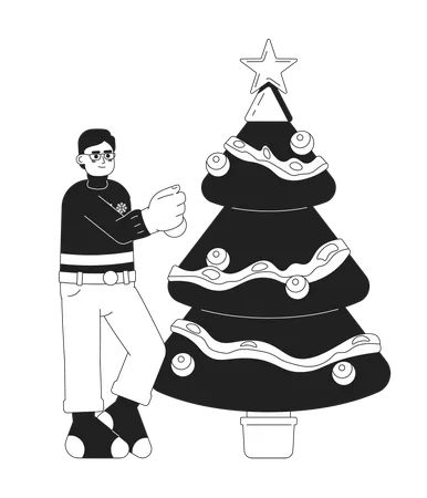Eyeglasses Asian Man Decorating Christmas Tree Black And White 2 D Cartoon Character Japanese Guy Hanging Bauble On Spruce Isolated Vector Outline Person Xmas Monochromatic Flat Spot Illustration Illustration