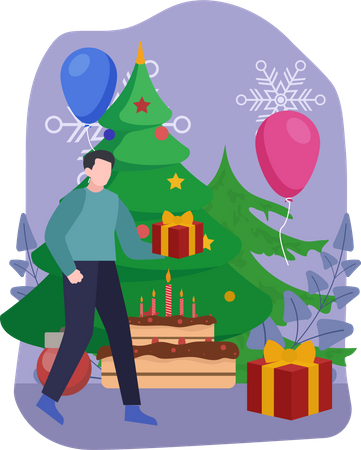 Man decorating christmas tree Illustration