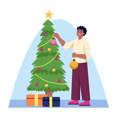 Man decorating christmas tree  Illustration