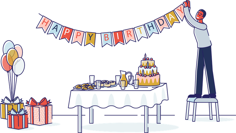 Man decorating room for birthday celebration  イラスト