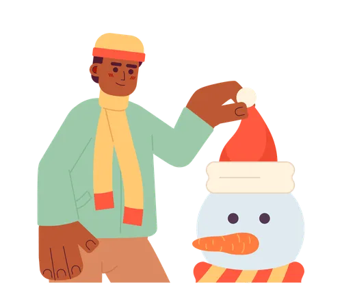 African American Man Decorating Snowman Christmas 2 D Cartoon Character Black Male Holding Santa Hat Isolated Vector Person White Background Xmas Eve Seasonal Preparation Color Flat Spot Illustration Illustration