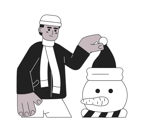 African American Man Decorating Snowman Christmas Black And White 2 D Cartoon Character Black Male Holding Santa Hat Isolated Vector Outline Person Xmas Eve Monochromatic Flat Spot Illustration Illustration