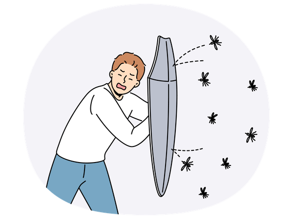 盾と叫び声を使って蚊から身を守る男性  イラスト
