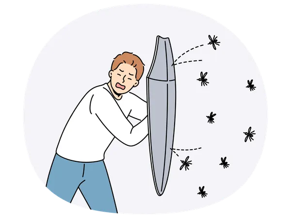 盾と叫び声を使って蚊から身を守る男性  イラスト
