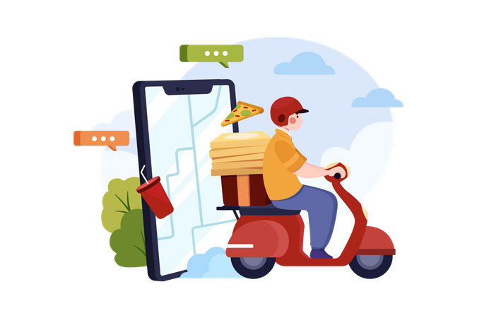 Man deliver order food in app by motorbike Illustration