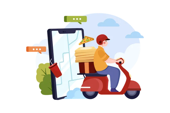 Man deliver order food in app by motorbike  Illustration