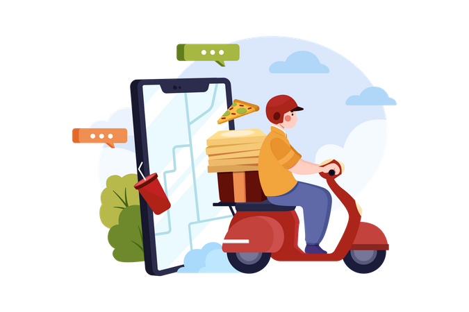 Man deliver order food in app by motorbike  Illustration