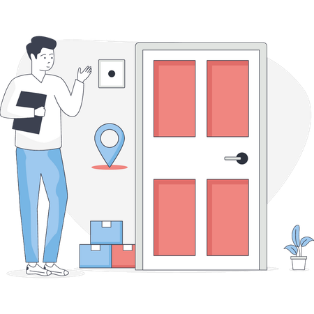 Man deliver parcel on door step  Illustration