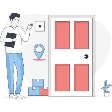 Man deliver parcel on door step  Illustration