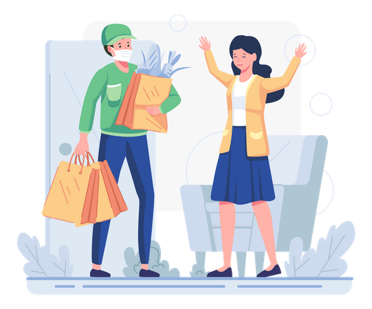 Man delivering groceries to female customer  Illustration