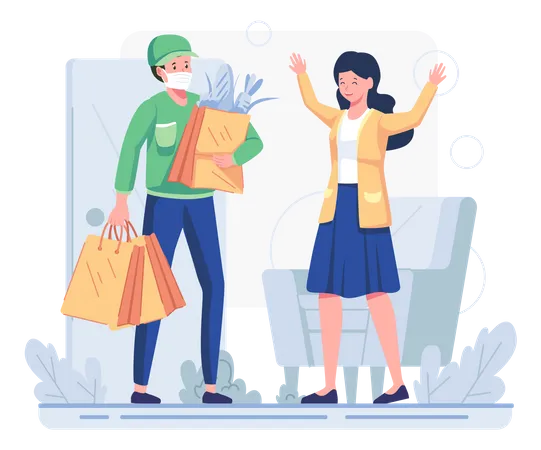 Man delivering groceries to female customer  Illustration