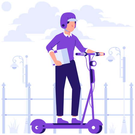 電動スクーターで荷物を配達する男性  イラスト