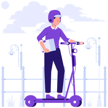 電動スクーターで荷物を配達する男性  イラスト