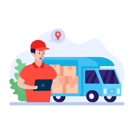 Man delivering product using delivery truck  Illustration