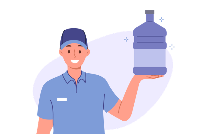 Man delivering water for cooler and holding large bottle and smiles  Illustration