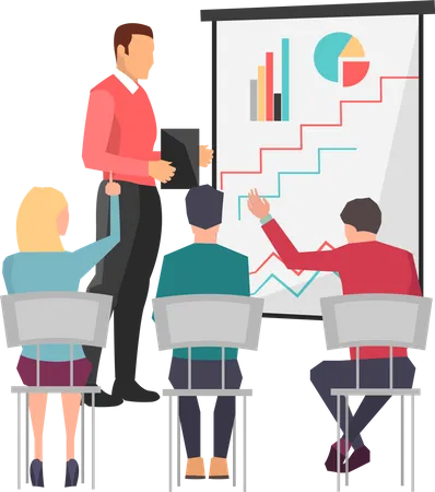 Businessman Teacher Giving Employee People Lecture Or Presentation In Conference Hall Male Boss Showing And Explaining To His Colleagues Diagram Man Demonstrates Business Plan On Presentation Board Illustration