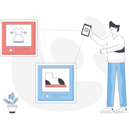 Man demonstrates his clothing using a mobile app showcasing various outfits on his smartphone screen  Illustration