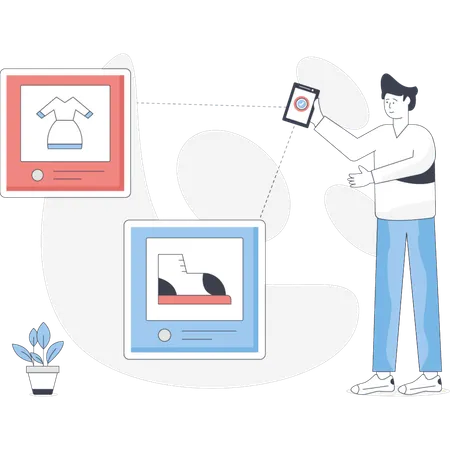 Man demonstrates his clothing using a mobile app showcasing various outfits on his smartphone screen  Illustration