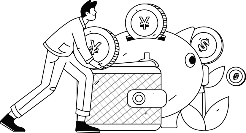 貯金箱にお金を入れる男性  イラスト