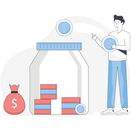 Man depositing cash in saving account  Illustration