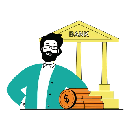 Man depositing money in bank  Illustration