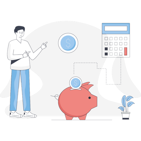Man depositing money in piggy bank  Illustration
