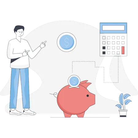 Man depositing money in piggy bank  Illustration