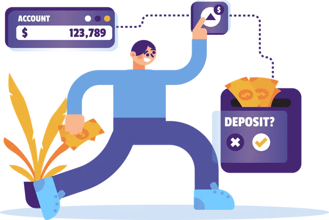 Illustration Man Is Depositing Money Online Technology Allows Online Deposits To Be Made More Easily Making This Illustration Ideal For Presentations Or Modern Technology Campaigns Illustration