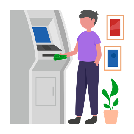 Man deposits money in Cash Deposit Machine  Illustration