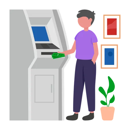 Man deposits money in Cash Deposit Machine  Illustration