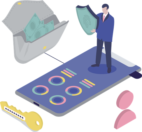 Man deposits money in wallet  Illustration