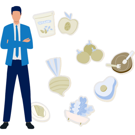 Man describing benefits of fruits vegetables eggs and meat  Illustration