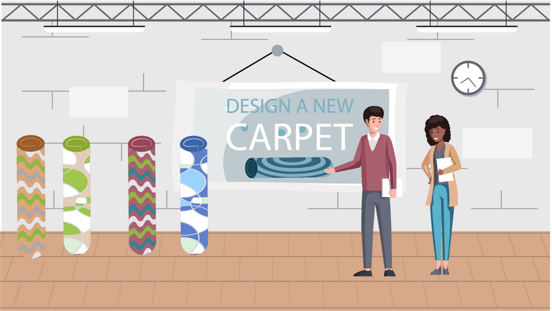 Man designer decorator chooses carpet in carpet store  Illustration