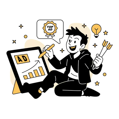 巨大タブレットで広告をデザインする男性  イラスト