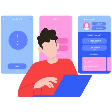A Guy Is Designing An Online Banking App イラスト