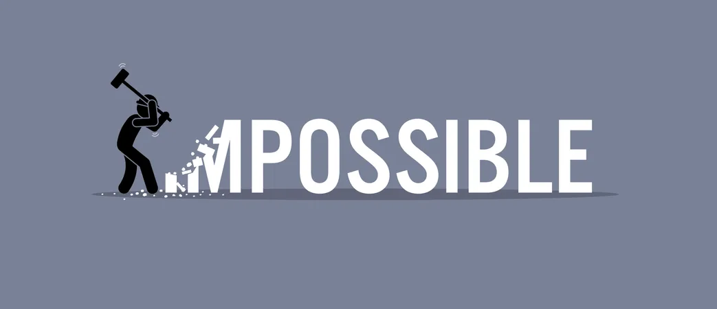 不可能という言葉を可能に変えようとする男。ベクターアートワークは、可能性、機会、決意を表現しています。 イラスト