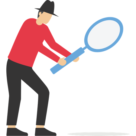 Man detective holding huge magnifying glass and thinking about evidence and result  Illustration