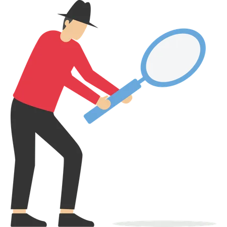 Search Discover Analyze Report Curiosity Guy Detective Holding Huge Magnifying Glass And Thinking About Evidence And Result Illustration