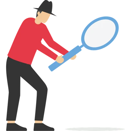 Man detective holding huge magnifying glass and thinking about evidence and result  Illustration