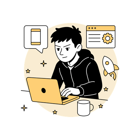 Man Developing an App at Night  Illustration