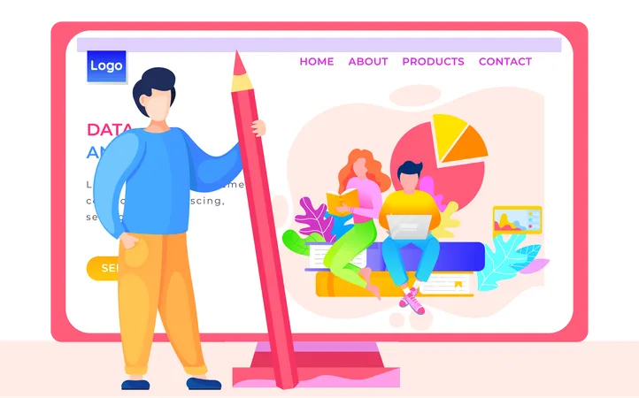 Application For Analysing Data Internet Shop Website Layout Online Store Landing Page Template Paid Program For Employees The Guy Stands With A Pink Pencil In His Hands Data Analysis Concept Illustration