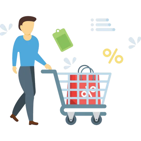 The Boy Is Going Shopping With A Cart Illustration