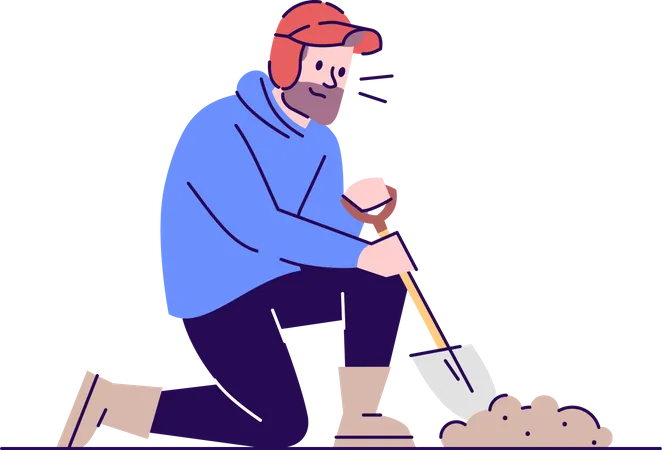Man digging hole in the ground using hand shovel  Illustration