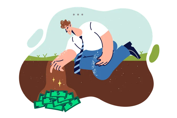 Man Digs Money Out Of Ground After Finding Valuable Cache Of Cash During Random Walk Guy Is Burying Money Due To Lack Of Trust In Banks And Investments Or Other Financial Institutions Illustration