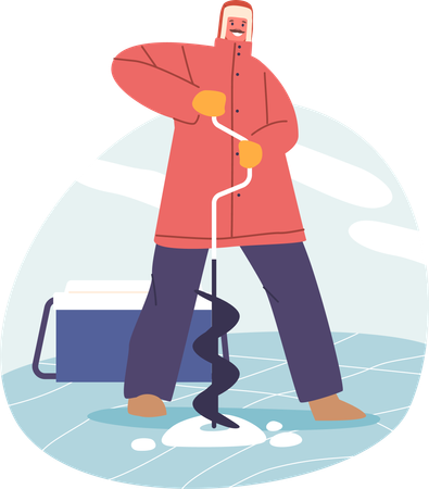 Man Diligently Drills Hole In Frozen Lake  Illustration