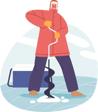 Man Diligently Drills Hole In Frozen Lake  Illustration