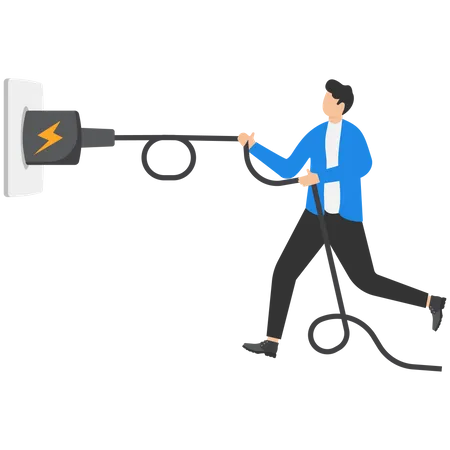 Electricity Saving Ecology Awareness Or Reduce Electric Cost And Expense Concept Man Pulling Electric Cord To Unplug To Save Money Or For Ecology Power 일러스트레이션